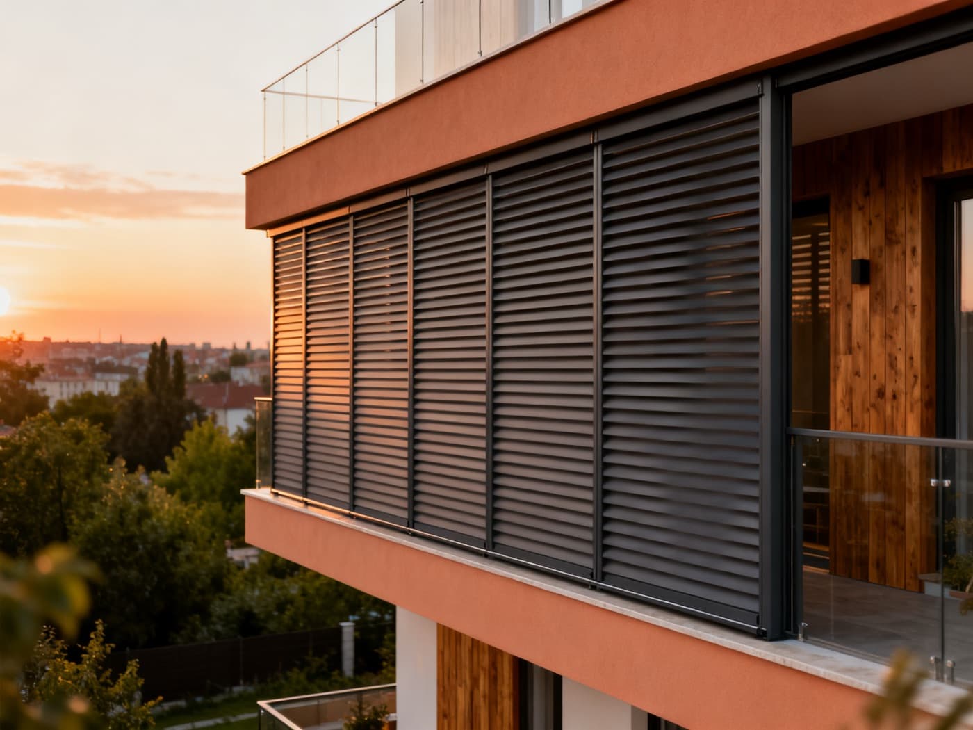 Balcon de apartament cu glisiere din aluminiu pentru intimitate și umbrire